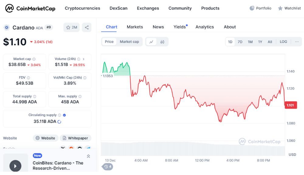 Thông tin cơ bản về ADA coin trên Coinmarketcap
